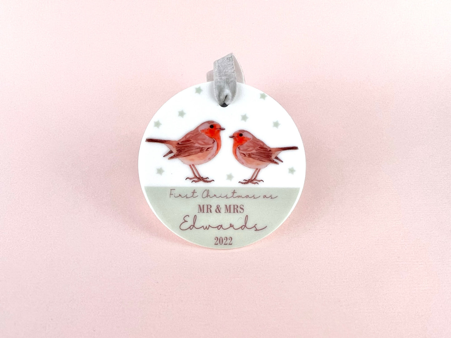 Personalised First Christmas Married Robins Ceramic Bauble