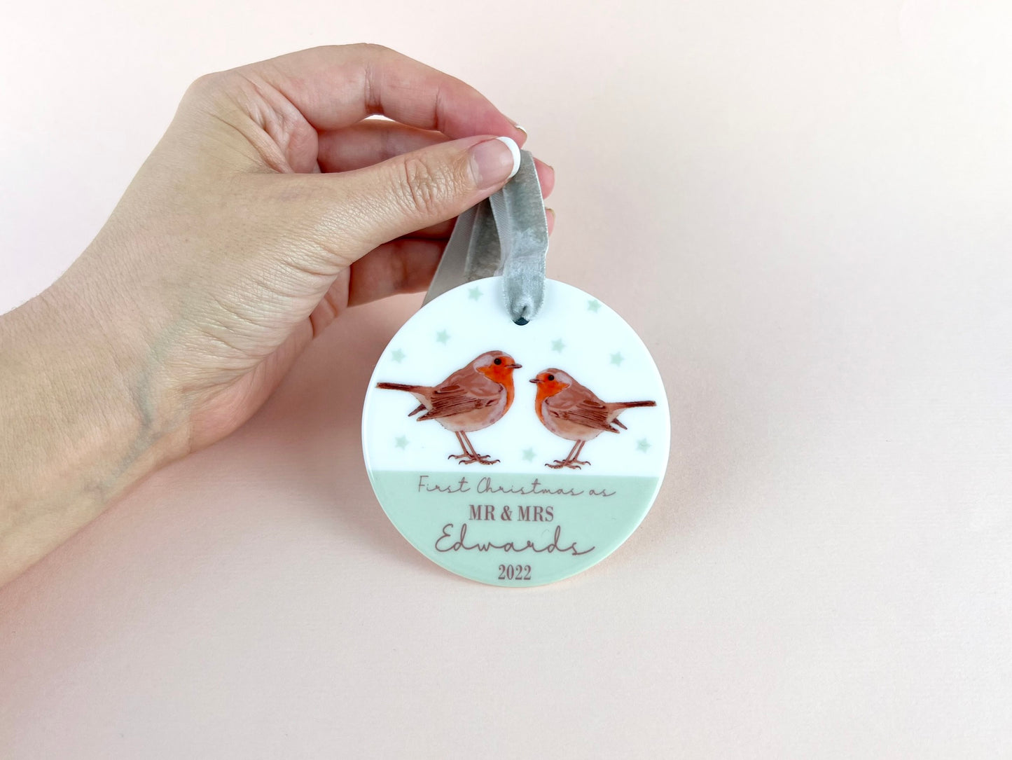 Personalised First Christmas Married Robins Ceramic Bauble