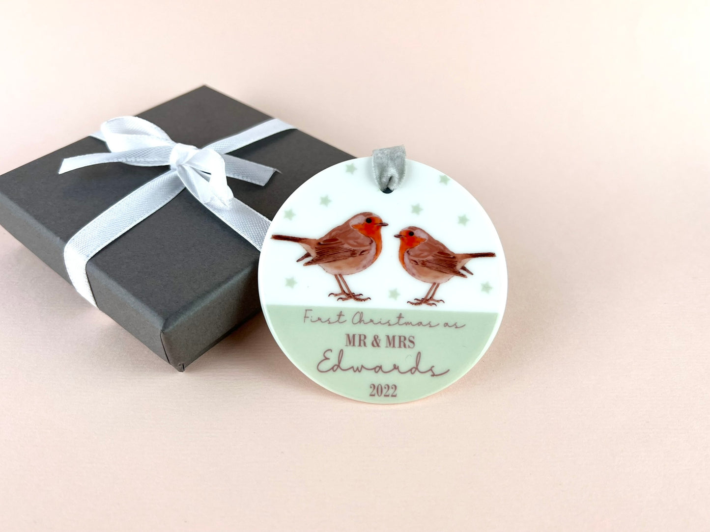 Personalised First Christmas Married Robins Ceramic Bauble