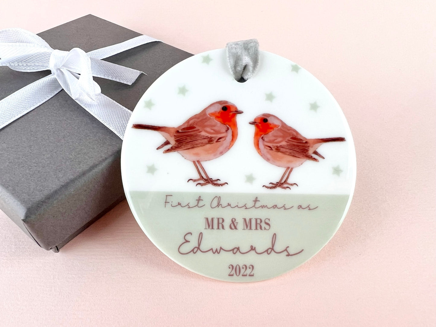 Personalised First Christmas Married Robins Ceramic Bauble