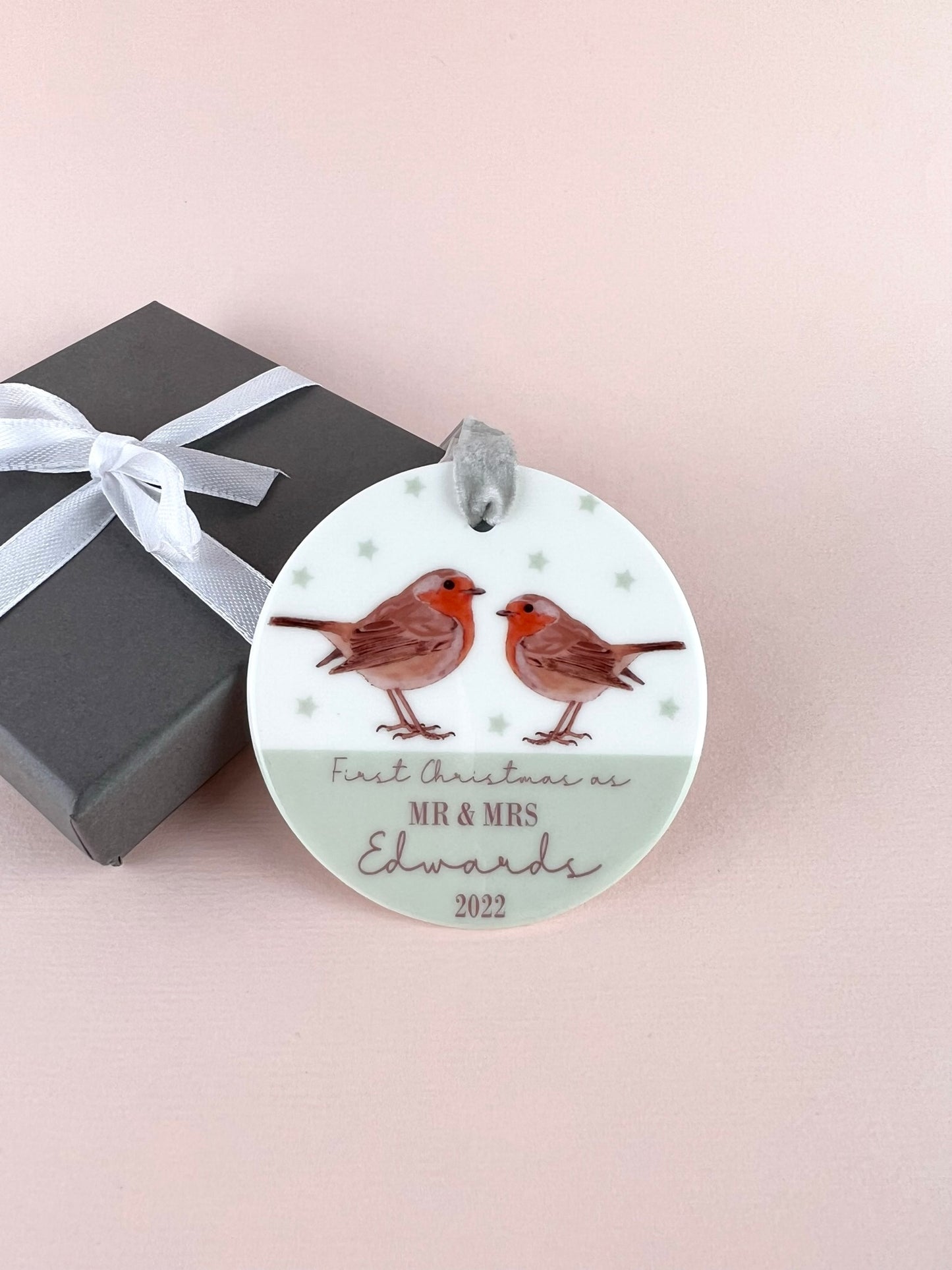 Personalised First Christmas Married Robins Ceramic Bauble